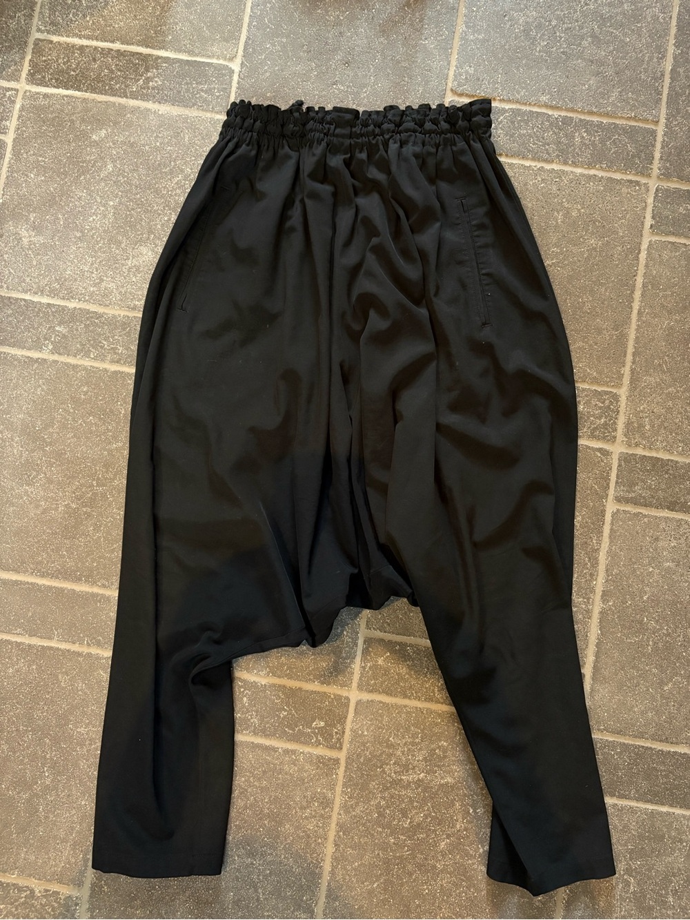 Black Drop-Crotch Elastic Waist Pants